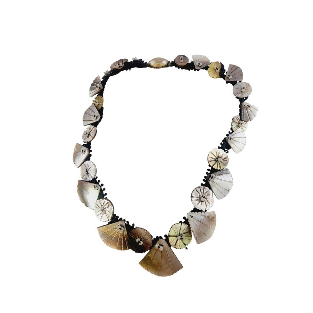 Beautiful Hand Done Art Nouveau Abalone Shell Appliques On Fabric Necklace A5589